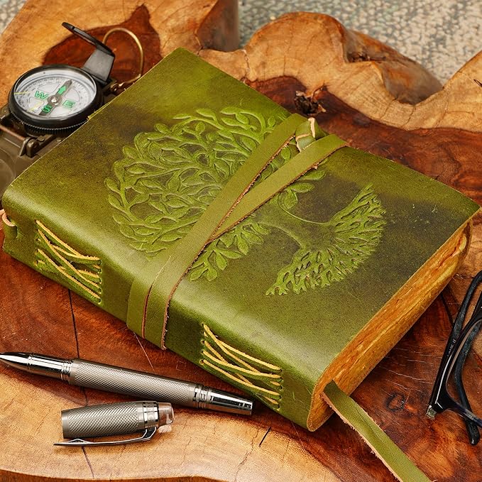 LUXEORIA Tree Of Life Leather Journal for Women and Men, Handcrafted Leather Journal for Writing Womens, Sketchbook, Travel Diary with Unlined Deckle Paper, Mint Green 5x7