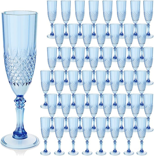Plastic Champagne Flutes, 48PCS Blue Wine Glasses Goblets Cups Reusable Flute, for Weddings Bachelor Parties Toasting and Events (48, Blue)