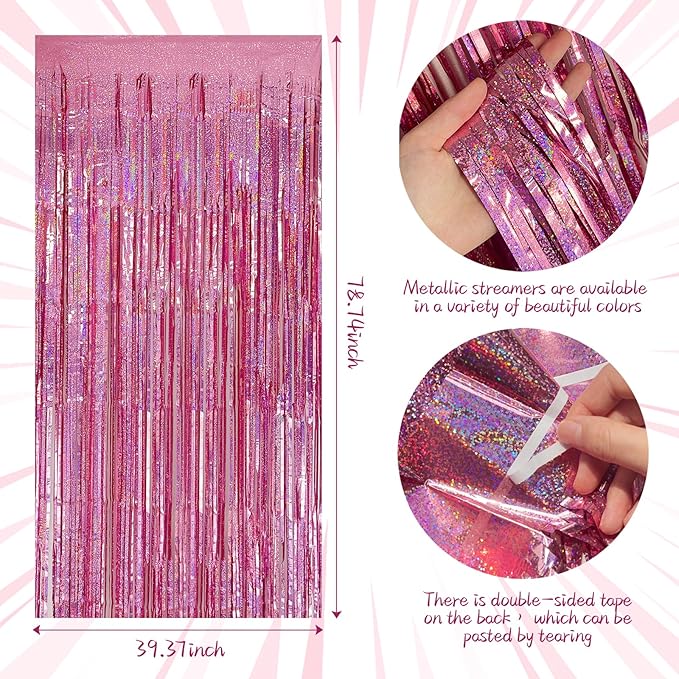 Tinsel Curtain Party Backdrop Pink Birthday Decorations 2 Packs Glitter Foil Fringe Curtain Party Decor Streamers Photo Booth for Birthday Christmas Wedding Halloween Graduation Decorations