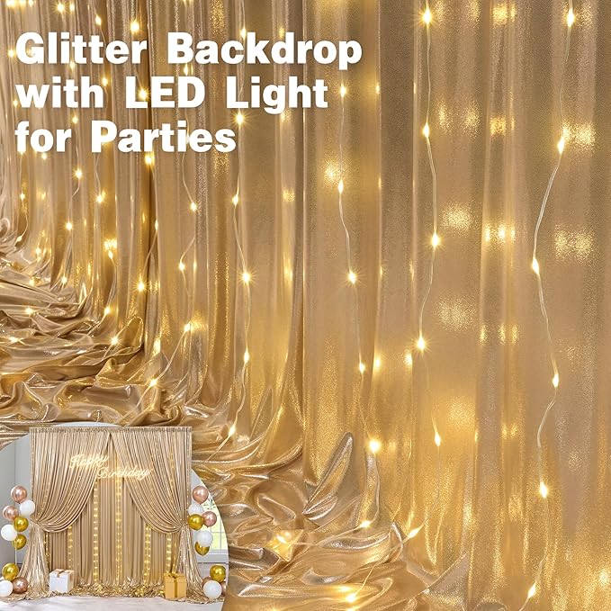 30x10 ft Champagne Sequin Backdrop Curtain with Lights for Parties, Wrinkle Free Glitter Photo Backdrop Drapes Shimmer Back Drop Cloth with Light Strings for Wedding Birthday Photography Background