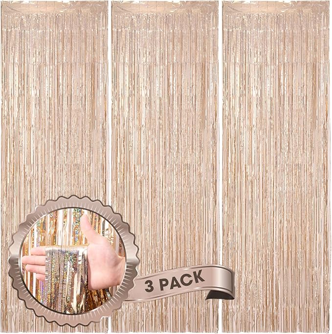 3 Pack 3.3 x 8.2 ft Laser Champagne Foil Fringe Backdrop Curtains, Tinsel Streamers Birthday Party Decorations, Fringe Backdrop for Graduation, Baby Shower, Gender Reveal, Disco Party