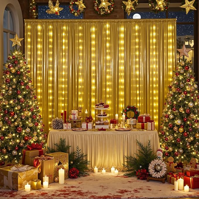 PartyVillage 10x10FT Gold Sequin Backdrop Curtain with String Lights – 2 Panels 5x10FT Sparkly Wrinkle-Free Glitter Backdrop Drapes for Birthday, Wedding, Photography, Graduation Party Décor