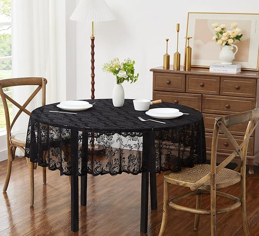 LinenZone Extra Large Black Round Tablecloth for Rustic Vintage Decor. Sheer Lace Table Cloth Works Great As Wedding Tablecloth or Thanksgiving Table Cover. (Mia 120 Round, Black)