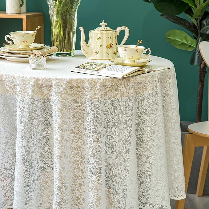 Lace Tablecloth Leaf Pattern Warp Knitting Fabric Solid White Round Table Cover for Kitchen Dining Farmhouse Wedding Party Decor Ivory, 70 Inch