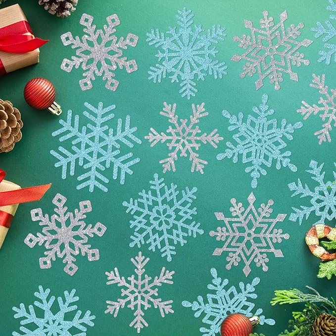Winter Snowflake Cutouts - Glitter Paper Snowflake Decorations - 50Pcs Blue & Silver Double-Side Christmas Cutouts for Holiday Winter Wonderland Bulletin Board, Frozen Party Decor