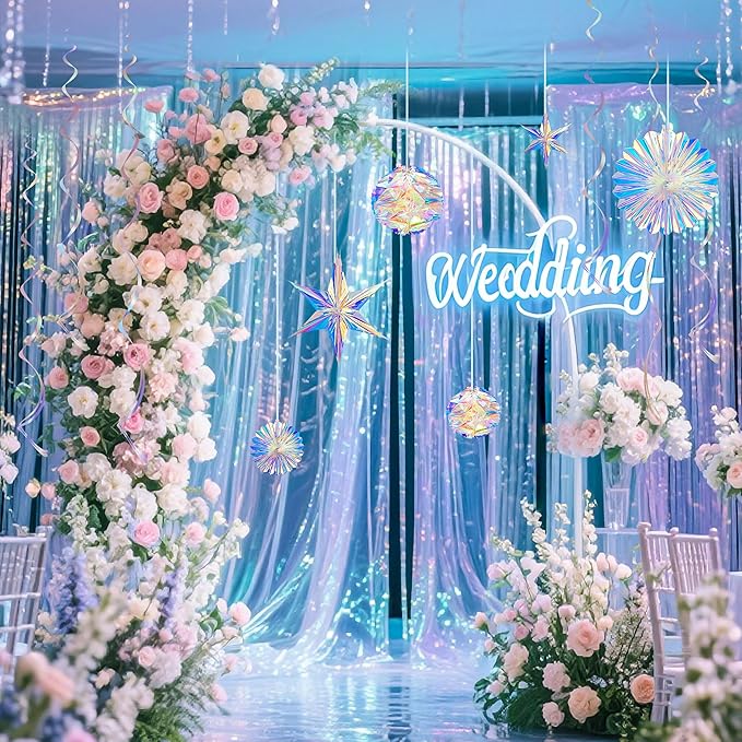 BTSD-home Iridescent Party Decorations with Hanging Honeycomb Ball Decorative Paper Fan Snowflake Garlands Ribbons Disco Party Wedding Birthday Graduation Christmas Celebration Decor Supplies