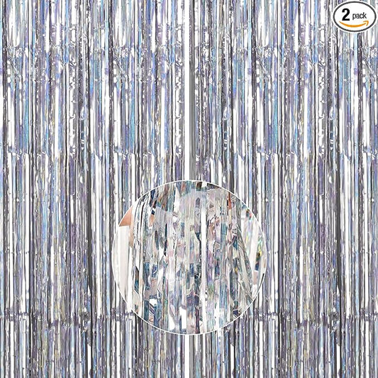 PartyWoo Foil Fringe Curtains Silver, 2 pcs 3.3x6.6 ft Silver Streamers, Fringe Backdrop, Tinsel Backdrop, Tinsel Curtain, Metallic Door Shimmer, Birthday Party Streamers, Christmas Decorations