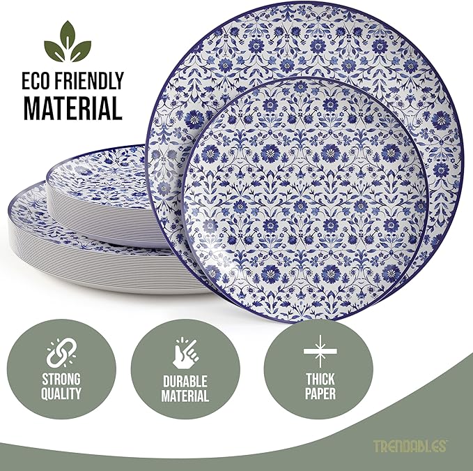 Trendables Heavy Duty Paper Plates Set For 16 Guests - 16 Each Of 8-inch And 10-inch Disposable Plates For Party - Fancy 32 Piece Dinnerware Set For All Occasions | Floral Design, Florentine