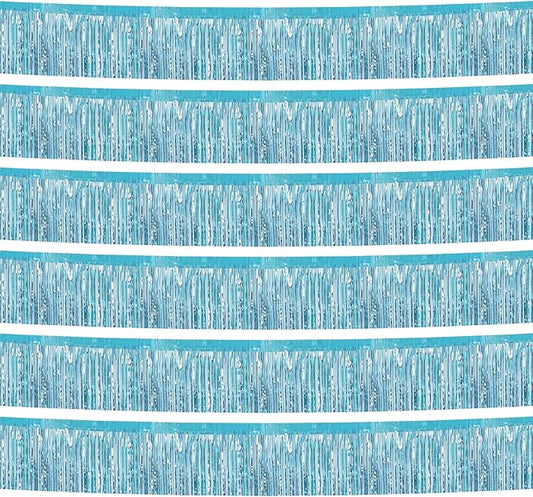 6 Pack 10 Feet Foil Fringe Garland Metallic Tinsel Streamers Banner Wall Hanging Curtain Backdrop Banner for Parade Floats, Thanksgiving, Christmas, Birthday, Halloween Party Decorations(Light Blue)