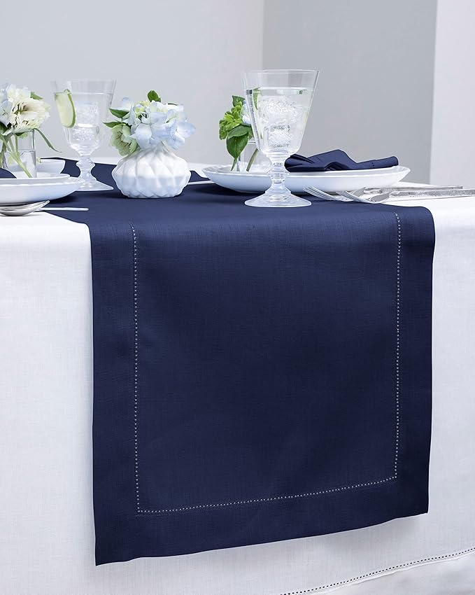 Solino Home Linen Navy Blue Table Runner 48 Inches - Classic Hemstitch, 100% Pure Linen Coffee Table Runner 14 x 48 Inch Ideal for Dresser Tables - Fall, Halloween, Thanksgiving, Christmas, Holiday