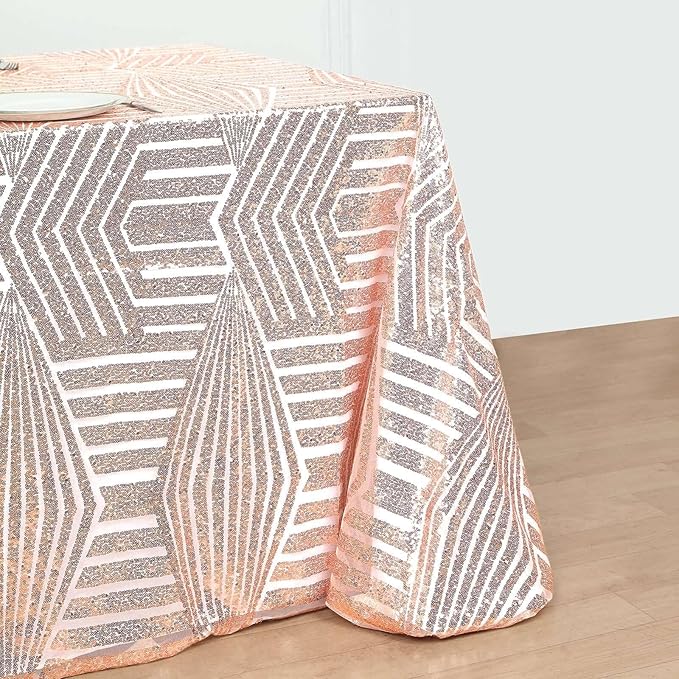 Efavormart 90"X132" Blush Rose Gold Sparkly Sequin Geometric Tulle Rectangular Tablecloth