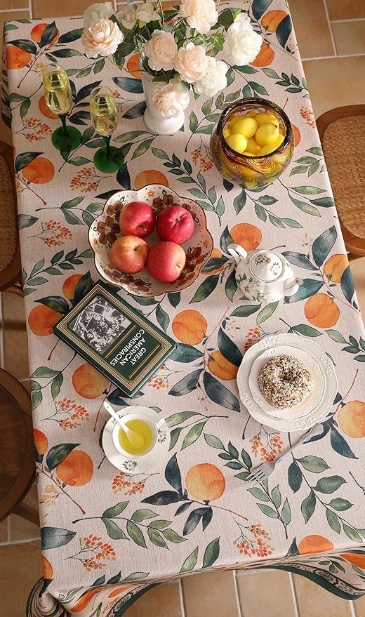 patdrea Designer Linen Small Tablecloth for Rectangle Table,Oranges and Leaves Pattern Vintage Table Cloth,Fall Dacorative Cover for Kitchen Dining Christmas,Thanksgiving,55"x71"-Palladin a