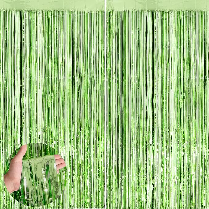 Light Green Metallic Tinsel Foil Fringe Curtains, 2 Pack 3.3x8.3 Feet Party Streamer for Birthday Party Decorations, Halloween Decor, Foil Curtain for Bachelorette Party