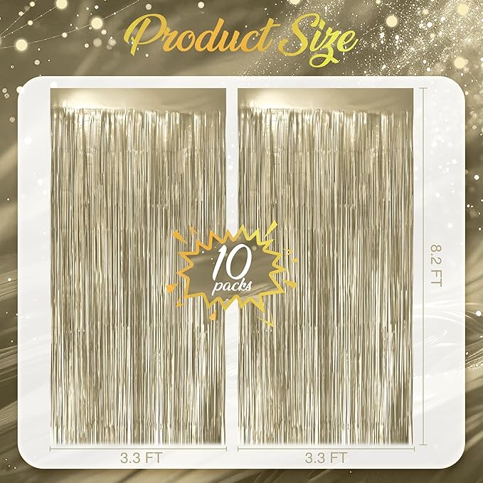 10 Pack Metallic Champagne Gold Fringe Backdrop, 3.2x8.2ft Shining Foil Tinsel Curtains, Birthday Party Decorations Door Streamers for Halloween, Christmas, Wedding, Graduation, Holiday, Theme Events
