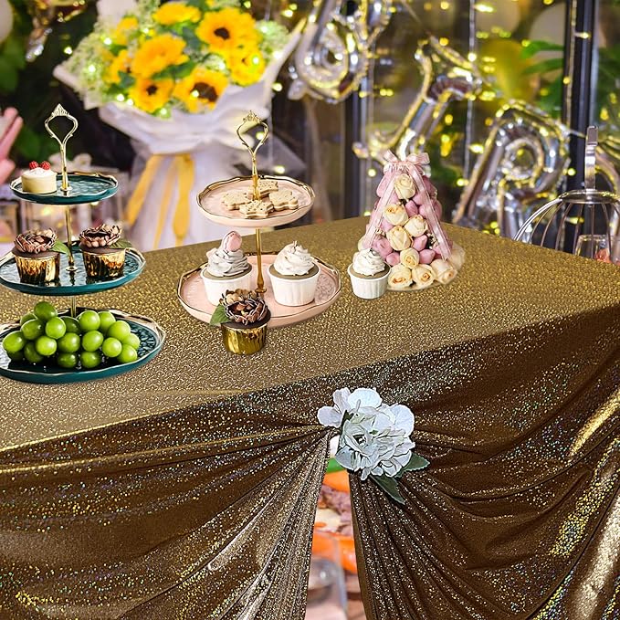 Fitable Black&Gold Sequin Tablecloth for Parties 60x120 Inch - Sparkle Glitter Table Cloth Laser Rectangle Overlay for Wedding Baby Shower Ceremony Birthday Holiday Banquet