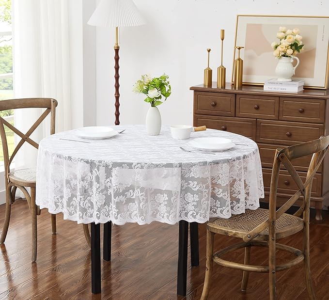 LinenZone Small White Round Tablecloth for Rustic Vintage Decor. Sheer Lace Table Cloth Works Great As Wedding Tablecloth or Thanksgiving Table Cover. (Mia 36 Round, White)