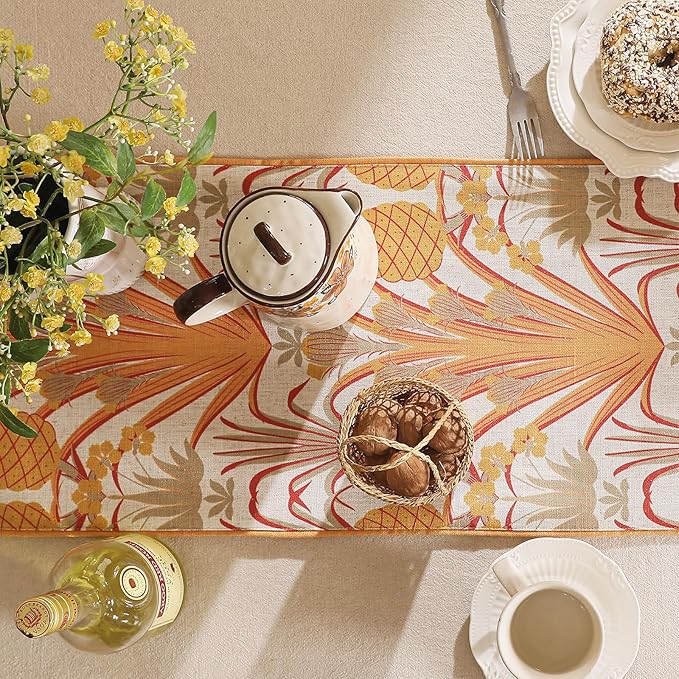 patdrea Designer Tropical Linen Table Runner 71 Inch Long, Yellow Vintage Elegant with Pineapple Pattern Table Mat,Decoration for Kitchen Dining Coffee Table Cover Banquet Christmas , 12"*71"