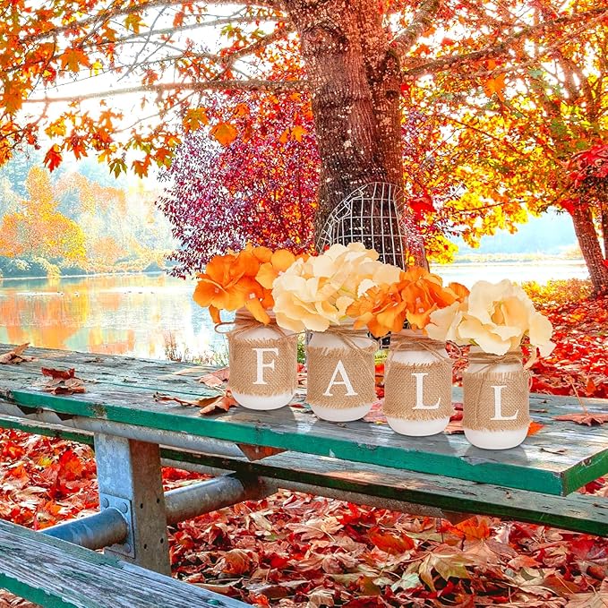 Fall Decor for Home, Autumn Themed Mason Jars Centerpiece Decorations - Perfect for Thanksgiving Decorations 4 Packs Fall Color Pint Mason Jars with Fall on Jute Cover