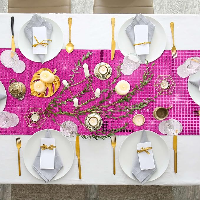 Durony 2 Pack Disco Table Runner 11 x 108 Inch Mirror Hot Pink Glitter Foil With Sparkle Sequin for Bachelorette, 70s, Cowgirl Party Decorations