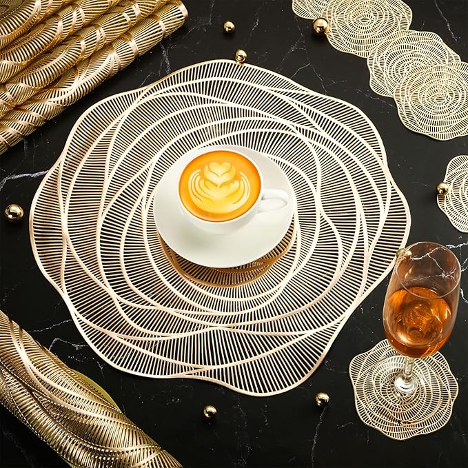 Sieral 24 Set 15 Inch Round Pressed Vinyl Placemats Hollow Out Rose Placemat Set Metallic Slip Resistant Place Mat Coaster Including Place Mats and Coasters for Wedding Dining Kitchen (Gold)