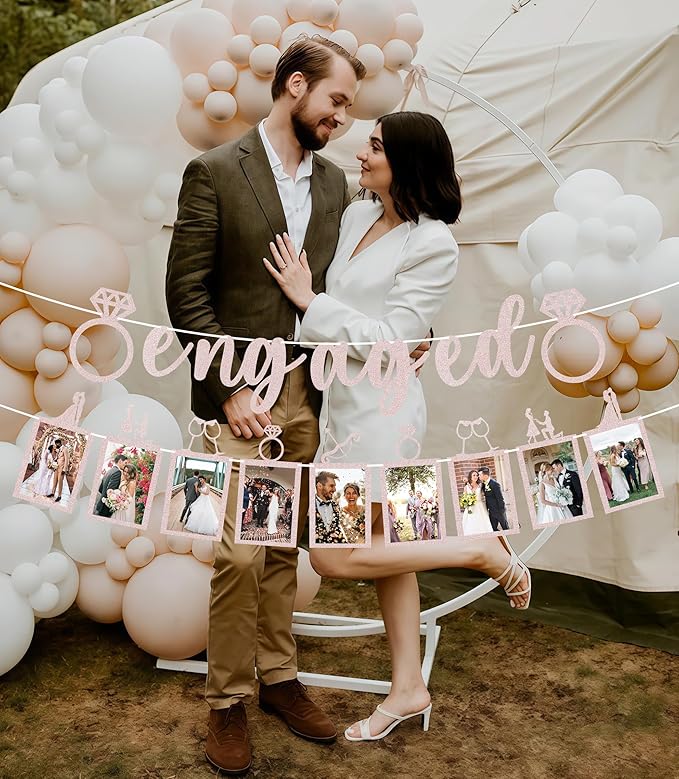 Pre-Strung Engaged Photo Banner - Rose Gold Glitter Engagement Party Decoration Supplies with Romantic Memories Picture Card Frames for Bachelorette, Bridal Shower, Wedding Party Photo Booth Props