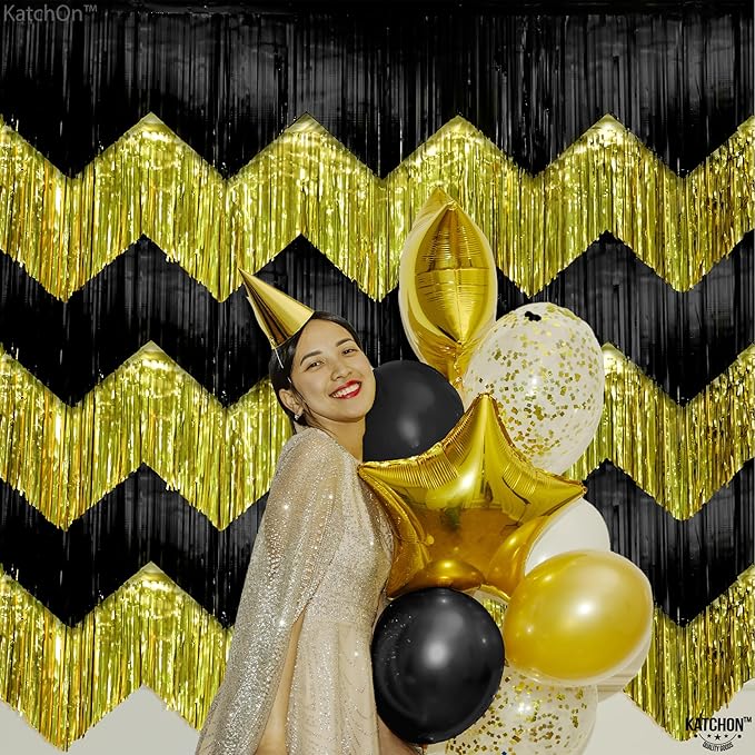 KatchOn, Black and Gold Fringe Backdrop Curtain - XtraLarge 6.6x1.7 Feet, Pack of 6 | Graduation Backdrop for Graduation Decorations 2025 | Fringe Curtain for Birthday Decorations | Prom Decorations