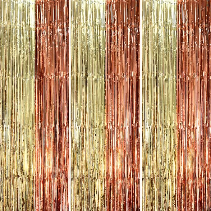 3 Pack 3.3 x 8.2 ft Rose and Champion Foil Fringe Backdrop Curtains, Tinsel Streamers Party Decorations, Fringe Backdrop, Door Shimmer for Anniversary or Birthday Party