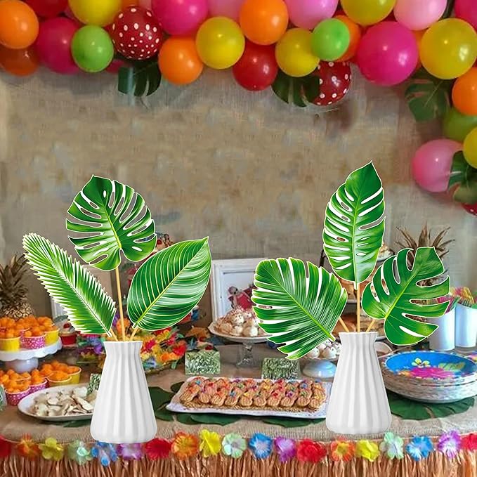 14pcs Palm Leaf Centerpiece Sticks Tropical Party Decorations for Table Green Leaves Theme Centerpieces Hawaiian Luau Party Decorations for Summer Jungle Theme Party Baby Shower Supplies
