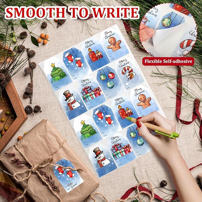 Christmas Gift Tags Stickers, 96Pcs Christmas Gift Labels Stickers, Self-Adhesive Watercolor Christmas Name Tags for Xmas Gifts Wrap Presents Boxes Decoration, 2 x 3 Inch (Blue)