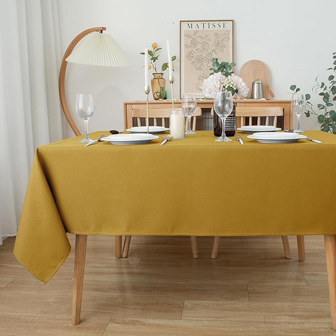Biscaynebay Textured Fabric Christmas Rectangle Tablecloths 60x84 Inches, Gold Water Resistant Tablecloths for Dining, Kitchen, Wedding, Parties etc. Machine Washable