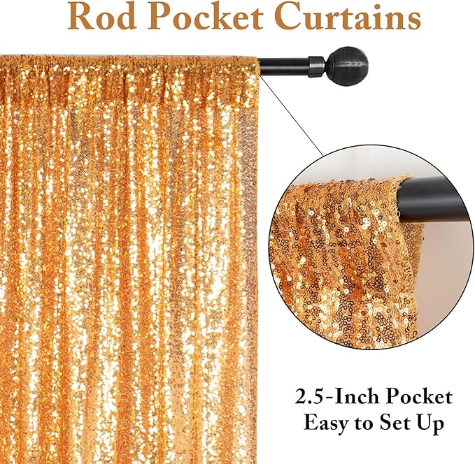 ShinyBeauty Gold Sequin Curtains 4 Panels Golden Backdrop Photo Backdrops Shimmer Background Birthday Party Weeding Decor Glitter Fabric Curtain (2FTx8FT)
