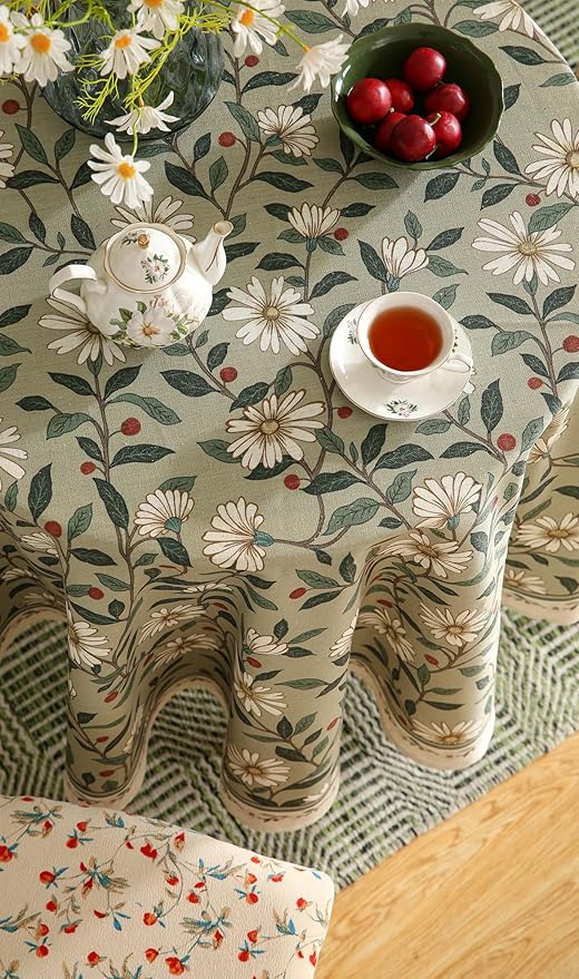 ISAENNE Designer Green Linen Round Tablecloth,Floral French Country Indoor Table Cloth,Stain Resistant Home Decor Tablecloths for Dining Kitchen Thanksgiving Christmas Party,67"*67"-Brune