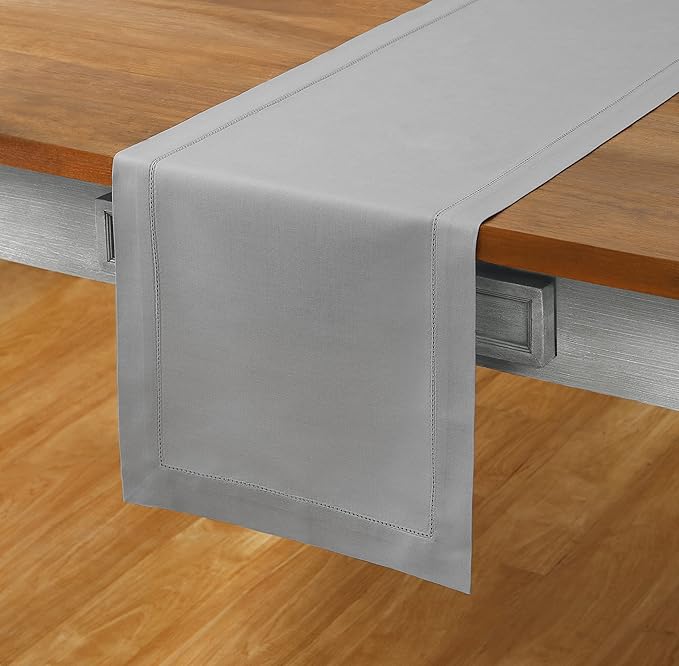 Solino Home Light Grey Table Runner 90 Inches Long - Cotton Linen Hemstitch 14 x 90 Inch Table Runner for Dining, Fall, Autumn, Thanksgiving, Holiday