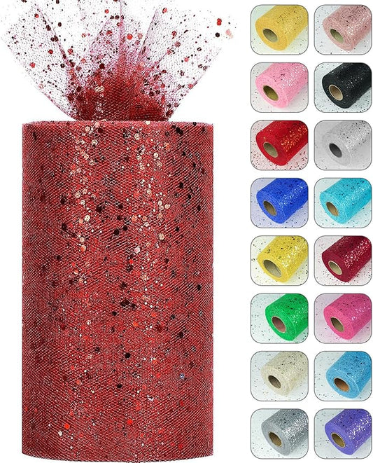 Glitter Tulle Rolls, 6” by 50 Yards (150FT) Sparkling Tulle Spool Ribbon Sequin Tulle Netting Fabric for Tutu Skirt Wedding Birthday Baby Shower (Burgundy)