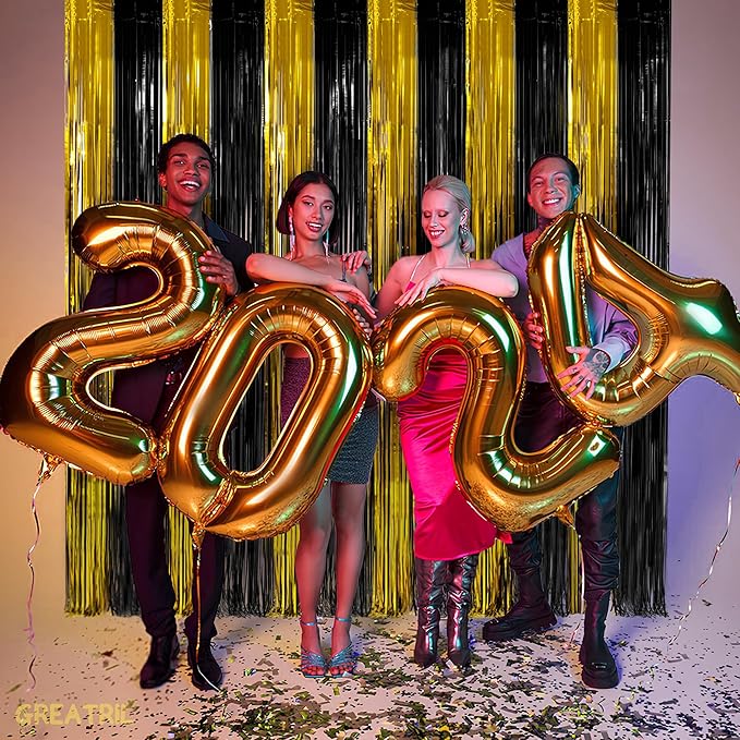 Black and Gold Party Streamers Decoration - GREATRIL Foil Fringe Backdrop for 2026 NYE/Anniversary/Farewell/Cocktail/Prom/EID/Birthdays - 3.2ft X 8.2ft - 2 Packs