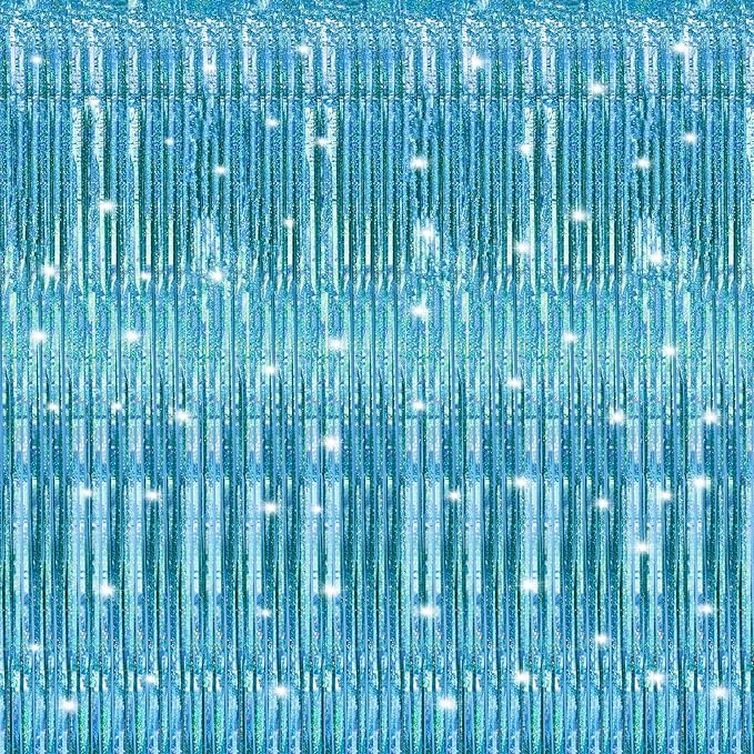 Crosize 2 Pack 3.3 x 9.9 ft Laser Blue Foil Fringe Curtains Party Decorations, Tinsel Curtain Backdrop for Parties, Door Streamers, Glitter Streamer Backdrop for Birthday Decoration