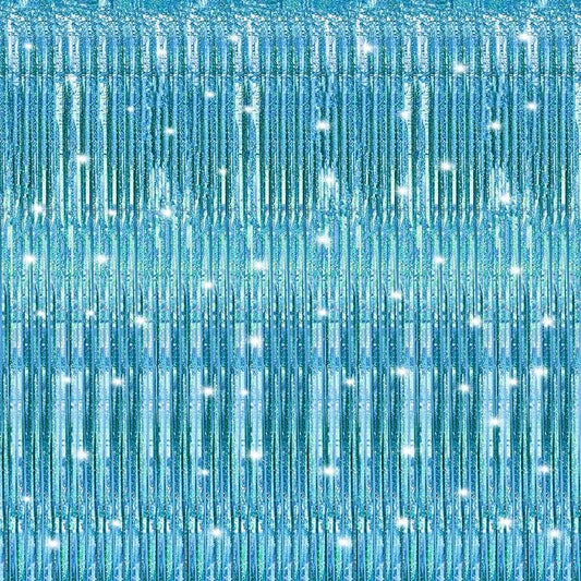 Crosize 2 Pack 3.3 x 9.9 ft Laser Blue Foil Fringe Curtains Party Decorations, Tinsel Curtain Backdrop for Parties, Door Streamers, Glitter Streamer Backdrop for Birthday Decoration