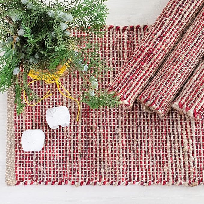 Chardin Home Natural Jute & Red Placemats, Set of 4 – Rustic Handmade Boho Table Mats, 13x19 Inch Dining Table Placemats for Kitchen, Everyday Meals, Holidays, Farmhouse or Modern Table Décor