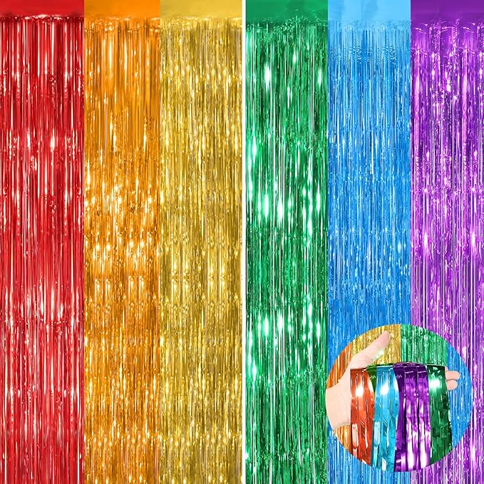 Rainbow Metallic Tinsel Foil Fringe Curtains, 2 Pack 3.3x8.3 Feet Party Streamer for Birthday Party Decorations, Halloween Decor, Foil Curtain for Bachelorette Party