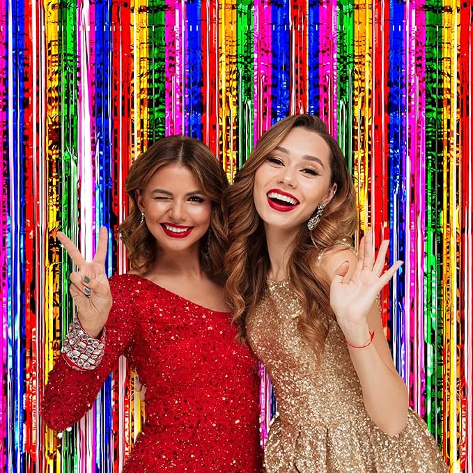 2 Pack 3.3x8.2 Feet Rainbow Foil Fringe Backdrop Curtains, Tinsel Streamers Birthday Party Decorations, Fringe Backdrop for Graduation, Baby Shower, Gender Reveal, Disco Party