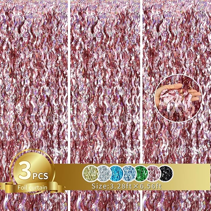 TONIFUL 3Pcs Wavy Metallic Tinsel Foil Fringe Curtains Rose Gold Streamer Backdrop for Photo Booth Props,Party Door Wall Curtain,Bachelorette,Birthday,Anniversary,Bridal Shower Decor (9.9ft x 6.6ft)