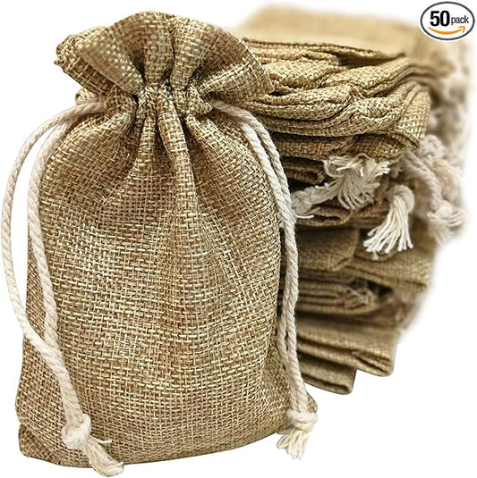 Supply Friend 50 Small Burlap Bags with Drawstring, 4x6 Inch Rustic Gift Bag Bulk Pack for Birthday, Wedding, Party Favors, Advent, Christmas, Holiday Gift Wrap, Jewelry and Treat Pouches