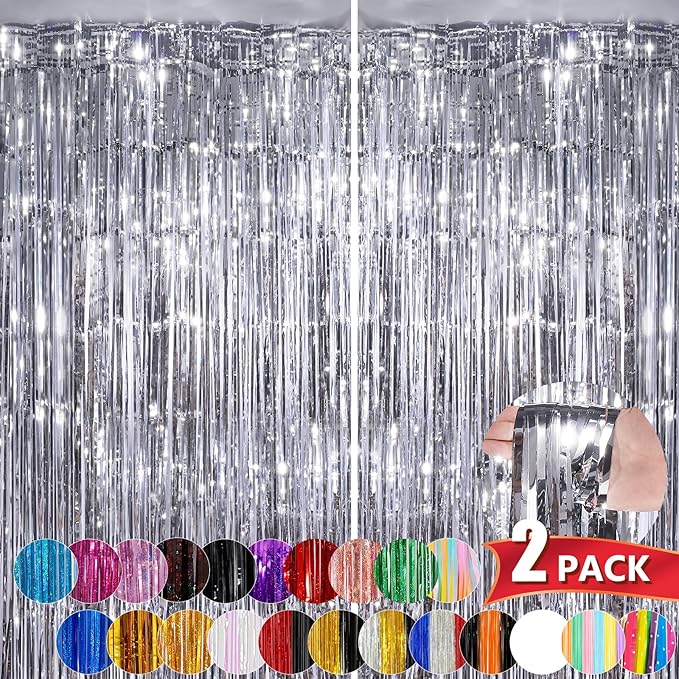 Silver Metallic Tinsel Foil Fringe Curtains, 2 Pack 3.3x8.3 Feet Party Streamer Curtains for Birthday Party Decorations, Halloween Decor, Foil Curtain Backdrop for Bachelorette Party