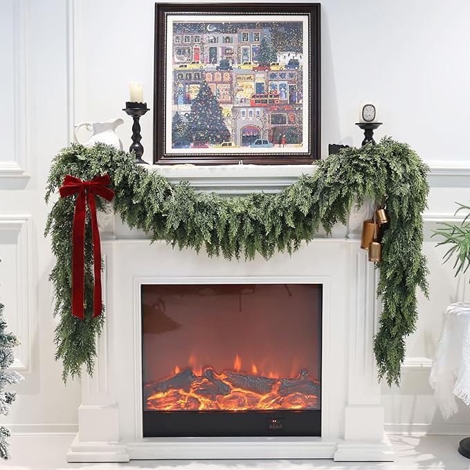 9FT 2PCS Artificial Cedar Garland for Christmas Decoration - Realistic Winter Greenery Garland for Mantel, Fireplace, Table, Door, Holiday Indoor Outdoor Decor