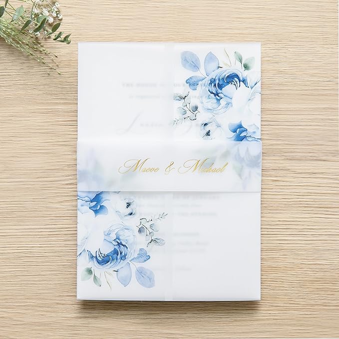 PONATIA 50PCS Vellum Jackets for 5x7 Invitation Cards- 135GSM Light Blue Floral Printed Vellum Sleeves, Quinceanera Wedding Invitation Cards Wraps, Transparent Christmas Gift Cards Jackets