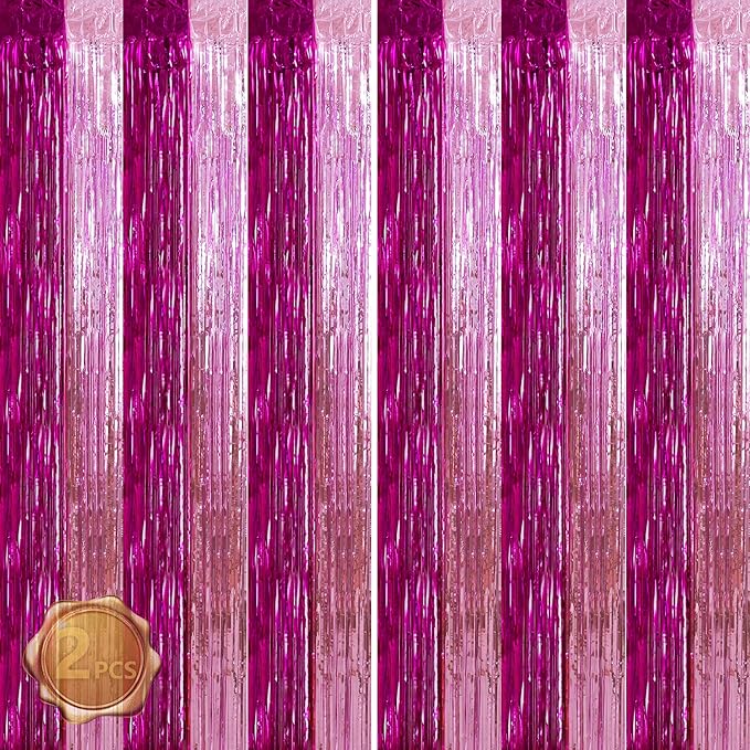 BEISHIDA Hot Pink Pink Door Streamers Backdrop Foil Fringe Tinsel Party Streamers Curtains Photo Backdrop -2Pcs for Girl Birthday Valentines Baby Shower Graduation Bachelorette Party Decoations