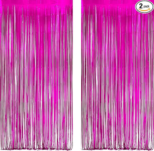 Hot Pink Party Streamers Backdrop - GREATRIL Shiny Fuchsia Tinsel Foil Fringe Curtain for Birthdays/Flamingo/Bachelorette/Galentine/Breast Cancer Awareness Decorations - 3.2ft X 8.2ft - 2 Packs