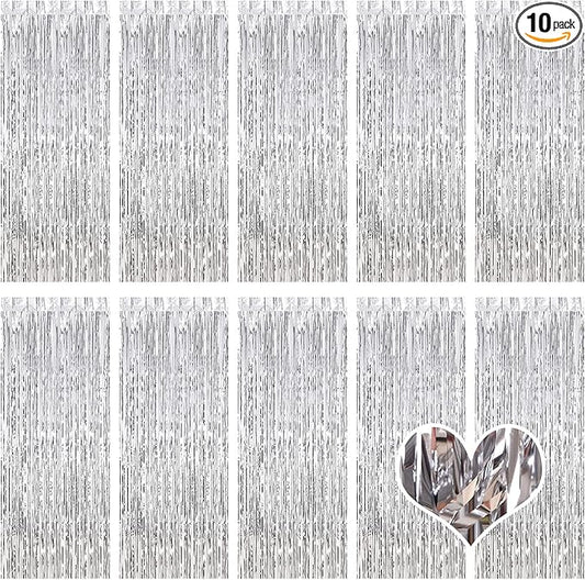 10 Pack Silver Backdrop Curtain 3.2ft x 8.2ft Metallic Tinsel Foil Fringe Curtains Photo Booth Background for Birthday Party Decoration Baby Shower Engagement Wedding Christmas Decoration (Silver)