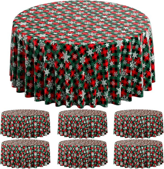 Jectivs 6Pcs Christmas Buffalo Plaid Snowflake Party Tablecloths Decorations,Plastic Red and Green Checkered Round Table Cover for Winter Christmas New Year Birthday Holiday Party Decorations,84 inch