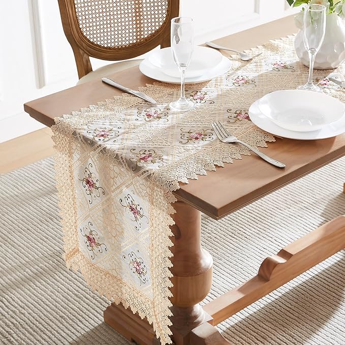 WARM HOME DESIGNS Gold Lace Table Runner. 36 Inch Small Table Runner is Embroidered with Intricate Flower Design. VTR Linen 36